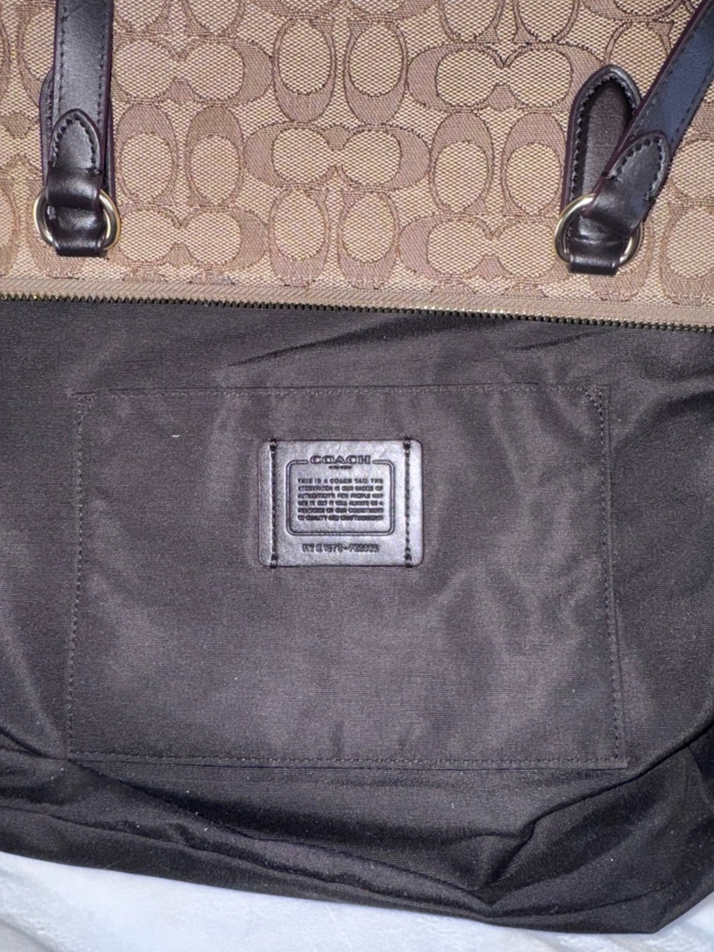 Coach Signature Zip Tote Khaki Brown Canvas Leather Trim Shoulder Bag Large - Picture 9 of 12